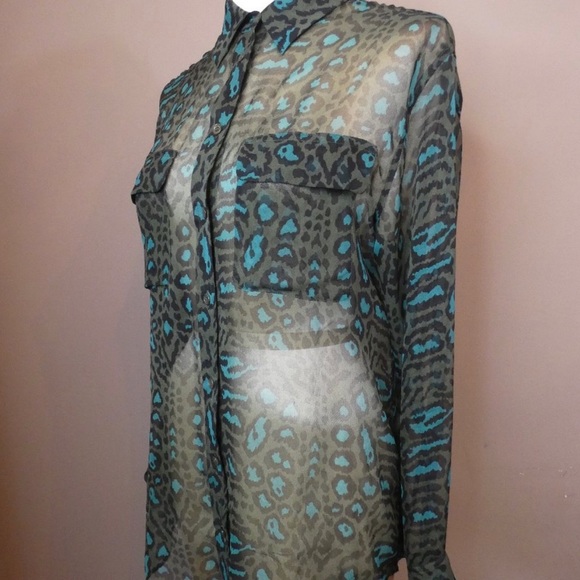 Equipment sheer silk cheetah print teal and green button down blouse - Picture 7 of 12
